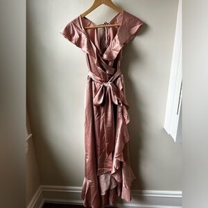 NWT SHOW ME YOUR MUMU Samantha Wrap Dress Ruffle Champagne Prom Wedding Satin 1X